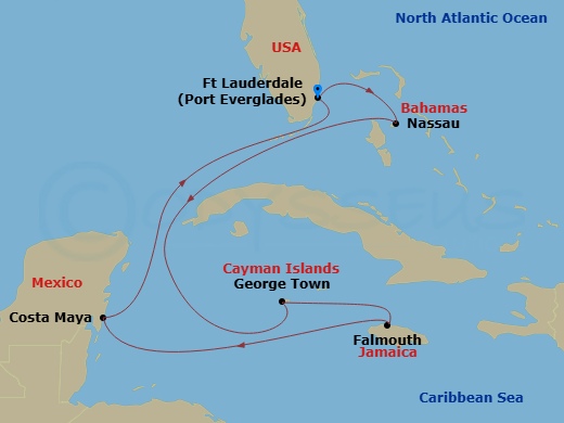 Route map: Fort Lauderdale, Florida → Nassau, Bahamas → George Town, Grand Cayman → Falmouth, Jamaica → Puerto Costa Maya, Mexico → Fort Lauderdale, Florida