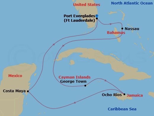 Route map: Fort Lauderdale, Florida → Nassau, Bahamas → George Town, Grand Cayman → Ocho Rios, Jamaica → Puerto Costa Maya, Mexico → Fort Lauderdale, Florida