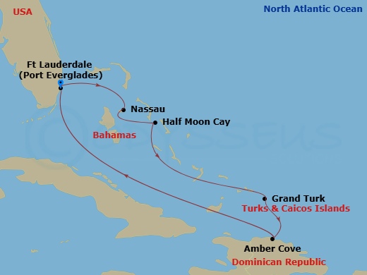 Route map: Fort Lauderdale, Florida, US → Nassau, Bahamas → RelaxAway Half Moon Cay, Bahamas → Grand Turk, Turks and Caicos → Amber Cove, Dominican Republic → Fort Lauderdale, Florida, US