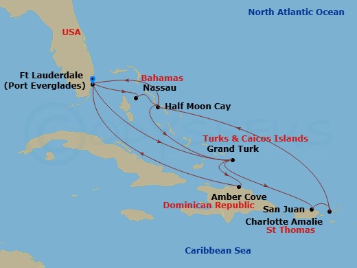 Route map: Fort Lauderdale, Florida, US → Nassau, Bahamas → RelaxAway Half Moon Cay, Bahamas → Grand Turk, Turks and Caicos → Amber Cove, Dominican Republic → Fort Lauderdale, Florida, US → Grand Turk, Turks and Caicos → San Juan, Puerto Rico → St. Thomas, U.S.V.I. → RelaxAway Half Moon Cay, Bahamas