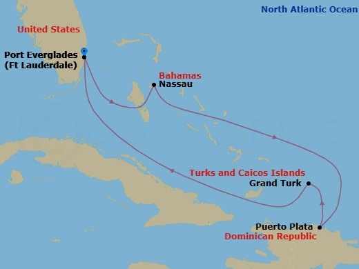 Route map: Fort Lauderdale, Florida → Nassau, Bahamas → Puerto Plata, Dominican Rep → Grand Turk, Turks & Caicos → Fort Lauderdale, Florida