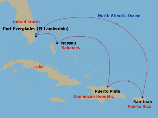 Route map: Fort Lauderdale, Florida → Nassau, Bahamas → Puerto Plata, Dominican Rep → San Juan, Puerto Rico → Fort Lauderdale, Florida