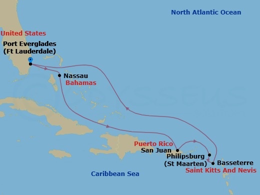 Route map: Fort Lauderdale, Florida → Nassau, Bahamas → San Juan, Puerto Rico → Philipsburg, St. Maarten → Basseterre, St Kitts & Nevis → Fort Lauderdale, Florida