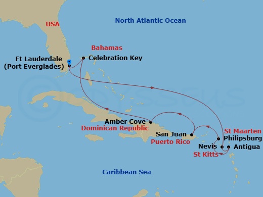 Route map: Ft. Lauderdale, Florida → St. Kitts → Antigua → St. Maarten → San Juan, Puerto Rico → Amber Cove, Dominican Republic → Celebration Key, Bahamas → Ft. Lauderdale, Florida
