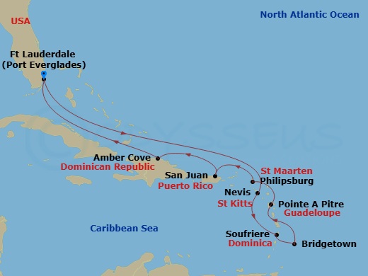 Route map: Ft. Lauderdale, Florida → St. Kitts → Dominica → Barbados → Guadeloupe (Point-a-Pitre) → St. Maarten → San Juan, Puerto Rico → Amber Cove, Dominican Republic → Ft. Lauderdale, Florida