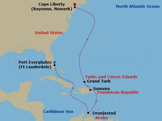 Route map: Fort Lauderdale, Florida → Oranjestad, Aruba → Samana, Dominican Republic → Grand Turk, Turks & Caicos → Cape Liberty, Nj (Ny Metro)