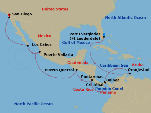 Route map: Fort Lauderdale, Florida, US → Oranjestad, Aruba → Puntarenas (Puerto Caldera), Costa Rica → Puerto Quetzal, Guatemala → Puerto Vallarta, Mexico → Cabo San Lucas, Mexico → San Diego, California, US