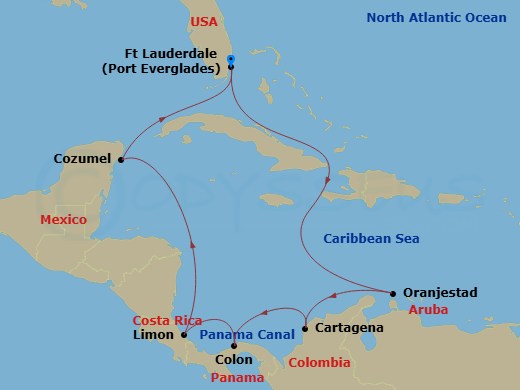 Route map: Ft. Lauderdale, Florida → Aruba → Cartagena, Colombia → Panama Canal Partial Transit New Locks → Colon, Panama → Limon, Costa Rica → Cozumel, Mexico → Ft. Lauderdale, Florida