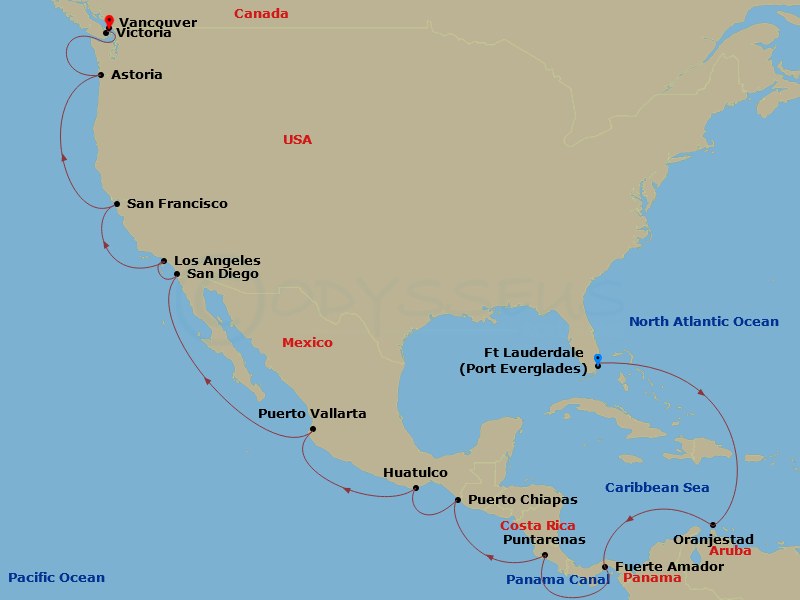 Route map: Ft. Lauderdale, Florida → Aruba → Panama Canal Full Transit Historic Locks → Fuerte Amador, Panama (for Panama City) → Puntarenas, Costa Rica → Puerto Chiapas, Mexico → Huatulco, Mexico → Puerto Vallarta, Mexico → Los Angeles, California → San Diego, California