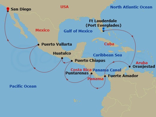 Route map: Ft. Lauderdale, Florida → Aruba → Panama Canal Full Transit Historic Locks → Fuerte Amador, Panama (for Panama City) → Puntarenas, Costa Rica → Puerto Chiapas, Mexico → Huatulco, Mexico → Puerto Vallarta, Mexico → San Diego, California