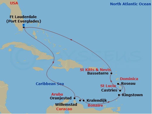 Route map: Fort Lauderdale, Florida → Oranjestad, Aruba → Willemstad, Curacao → Kralendijk, Bonaire → Kingstown, St. Vincent → Roseau, Dominica → Castries, St. Lucia → Basseterre, St Kitts & Nevis → Fort Lauderdale, Florida