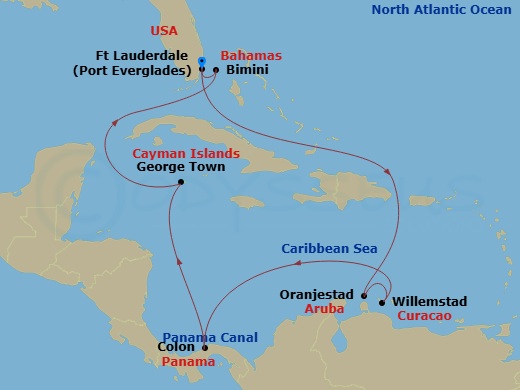 Route map: Fort Lauderdale, Florida → Oranjestad, Aruba → Willemstad, Curacao → Colon, Panama → George Town, Grand Cayman → Bimini, Bahamas → Fort Lauderdale, Florida