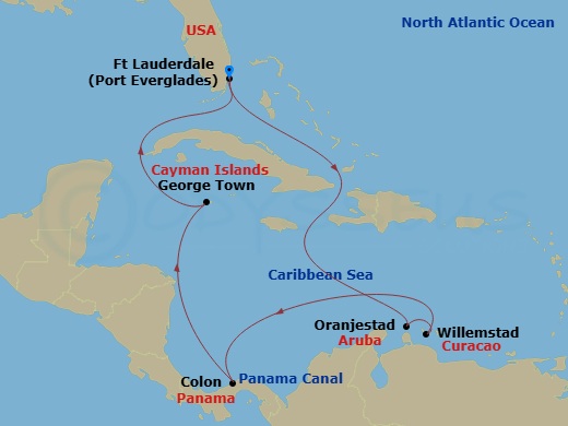 Route map: Fort Lauderdale, Florida → Oranjestad, Aruba → Willemstad, Curacao → Colon, Panama → George Town, Grand Cayman → Fort Lauderdale, Florida