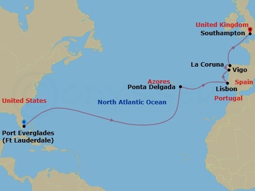 Route map: Fort Lauderdale, Florida → Ponta Delgada, Azores → Lisbon, Portugal → Vigo, Spain → La Coruna, Spain → Southampton, England