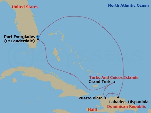 Route map: Fort Lauderdale, Florida → Puerto Plata, Dominican Rep → Labadee, Haiti → Grand Turk, Turks & Caicos → Fort Lauderdale, Florida