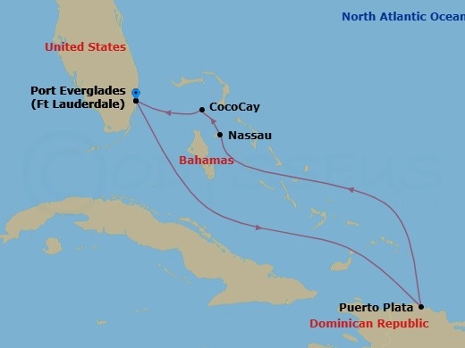 Route map: Fort Lauderdale, Florida → Puerto Plata, Dominican Rep → Nassau, Bahamas → Perfect Day Cococay, Bahamas → Fort Lauderdale, Florida
