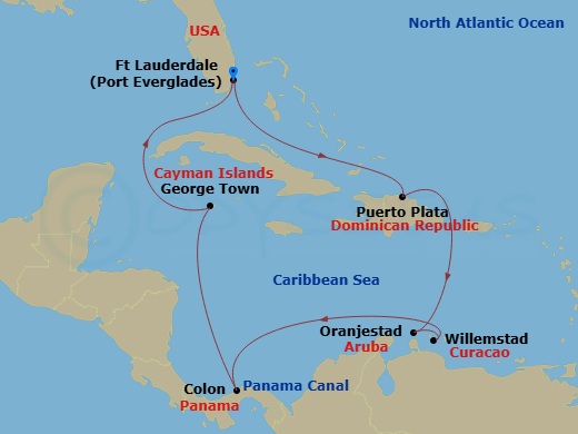 Route map: Fort Lauderdale, Florida → Puerto Plata, Dominican Rep → Oranjestad, Aruba → Willemstad, Curacao → Colon, Panama → George Town, Grand Cayman → Fort Lauderdale, Florida