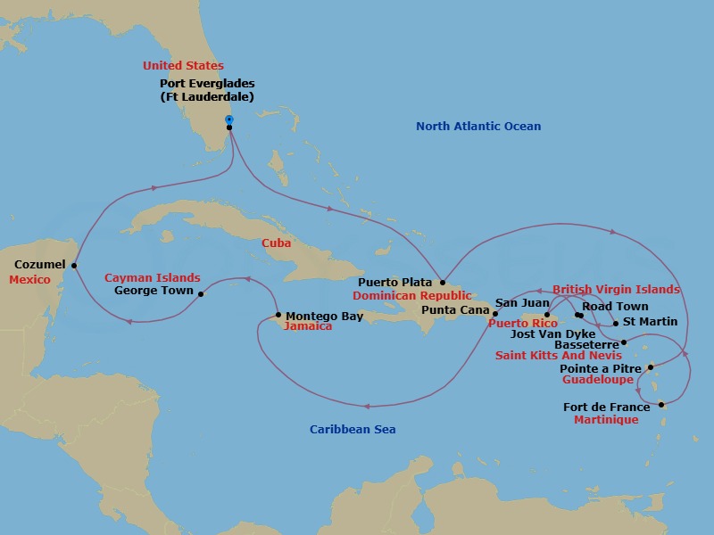 Route map: Fort Lauderdale → Puerto Plata → Pointe-a-Pitre, French West Indies → Fort-de-France → St. Kitts (Basseterre) → San Juan → Marigot, St. Martin → Road Town → Jost Van Dyke (British Virgin Islands) → Punta Cana