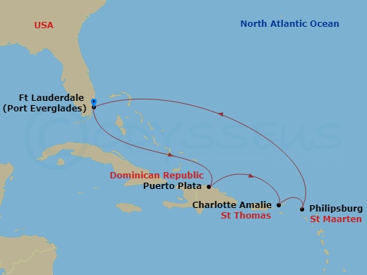 Route map: Fort Lauderdale, Florida → Puerto Plata, Dominican Rep → Charlotte Amalie, St. Thomas → Philipsburg, St. Maarten → Fort Lauderdale, Florida