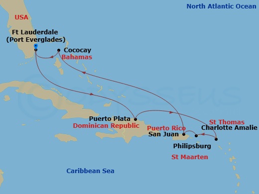 Route map: Fort Lauderdale, Florida → Puerto Plata, Dominican Rep → Charlotte Amalie, St. Thomas → Philipsburg, St. Maarten → San Juan, Puerto Rico → Perfect Day Cococay, Bahamas → Fort Lauderdale, Florida