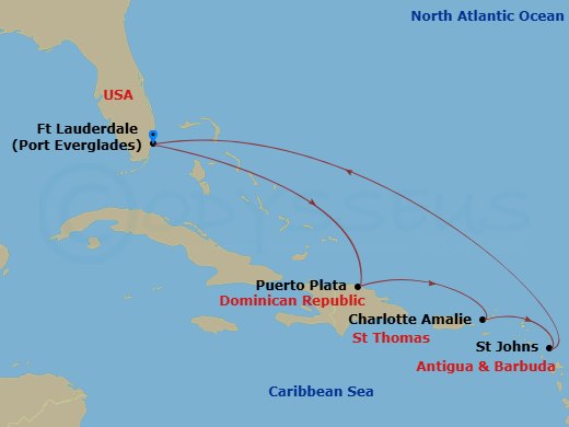 Route map: Fort Lauderdale, Florida → Puerto Plata, Dominican Rep → Charlotte Amalie, St. Thomas → St. Johns, Antigua → Fort Lauderdale, Florida