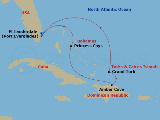 Route map: Ft. Lauderdale, Florida → Princess Cays, Bahamas → Amber Cove, Dominican Republic → Grand Turk, Turks & Caicos → Ft. Lauderdale, Florida