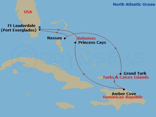 Route map: Ft. Lauderdale, Florida → Princess Cays, Bahamas → Amber Cove, Dominican Republic → Grand Turk, Turks & Caicos → Nassau, Bahamas → Ft. Lauderdale, Florida