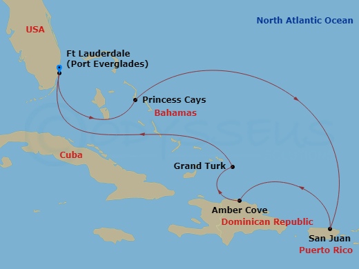 Route map: Ft. Lauderdale, Florida → Princess Cays, Bahamas → San Juan, Puerto Rico → Amber Cove, Dominican Republic → Grand Turk, Turks & Caicos → Ft. Lauderdale, Florida