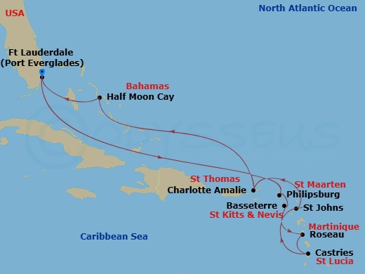 Route map: Fort Lauderdale, Florida, US → Philipsburg, Sint Maarten → Basseterre, St Kitts and Nevis → Roseau, Dominica → Castries, Saint Lucia → St. Johns, Antigua and Barbuda → St. Thomas, U.S.V.I. → RelaxAway Half Moon Cay, Bahamas → Fort Lauderdale, Florida, US
