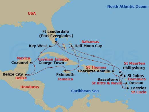 Route map: Fort Lauderdale, Florida, US → Philipsburg, Sint Maarten → Basseterre, St Kitts and Nevis → Roseau, Dominica → Castries, Saint Lucia → St. Johns, Antigua and Barbuda → St. Thomas, U.S.V.I. → RelaxAway Half Moon Cay, Bahamas → Fort Lauderdale, Florida, US → RelaxAway Half Moon Cay, Bahamas