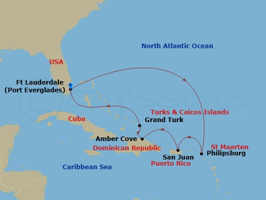 Route map: Ft. Lauderdale, Florida → St. Maarten → San Juan, Puerto Rico → Amber Cove, Dominican Republic → Grand Turk, Turks & Caicos → Ft. Lauderdale, Florida