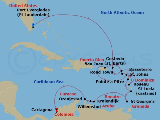 Route map: Fort Lauderdale → Road Town → Gustavia, St. Barthelemy → Roseau → St. Kitts (Basseterre) → San Juan → St. John's → Pointe-a-Pitre, French West Indies → Castries (St. Lucia) → St George's