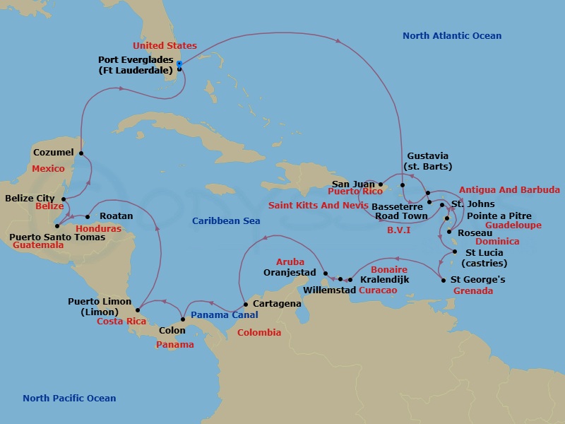 Route map: Fort Lauderdale → Road Town → Gustavia, St. Barthelemy → Roseau → St. Kitts (Basseterre) → San Juan → St. John's → Pointe-a-Pitre, French West Indies → Castries (St. Lucia) → St George's