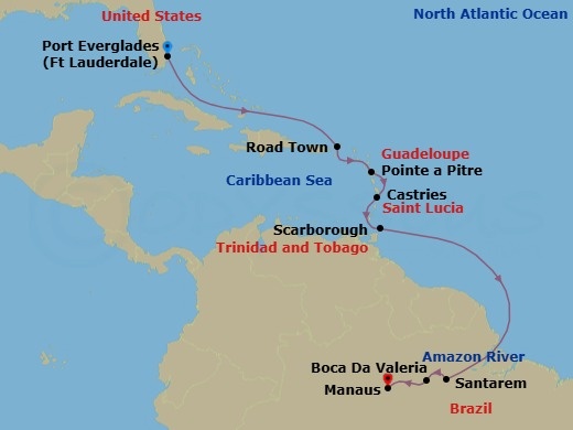 Route map: Fort Lauderdale → Road Town → Pointe-a-Pitre, French West Indies → Castries (St. Lucia) → Scarborough → Santarem → Boca Da Valeria → Manaus/Amazon
