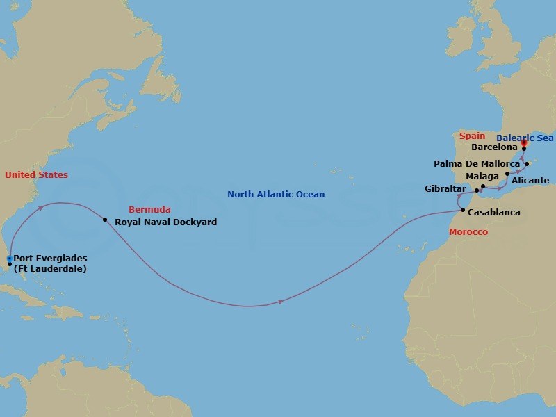 Route map: Fort Lauderdale, Florida → Royal Naval Dockyard,Bermuda → Casablanca, Morocco → Gibraltar, United Kingdom → Malaga, Spain → Alicante, Spain → Palma De Mallorca, Spain → Barcelona, Spain