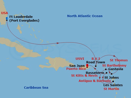 Route map: Fort Lauderdale → Road Town → St. John's → Gustavia, St. Barthelemy → Les Saintes → St. Kitts (Basseterre) → San Juan