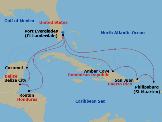 Route map: Ft. Lauderdale, Florida → Roatan (Isla Tropicale), Honduras → Belize City, Belize → Cozumel, Mexico → Ft. Lauderdale, Florida → Amber Cove, Dominican Republic → San Juan, Puerto Rico → St. Maarten → Ft. Lauderdale, Florida