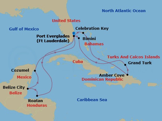 Route map: Ft Lauderdale (Port Everglades) → Roatan → Belize City → Cozumel → Ft Lauderdale (Port Everglades) → Celebration Key, Bahamas → Amber Cove → Grand Turk → Bimini → Ft Lauderdale (Port Everglades)