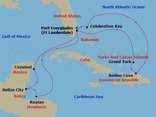 Route map: Ft. Lauderdale, Florida → Roatan (Isla Tropicale), Honduras → Belize City, Belize → Cozumel, Mexico → Ft. Lauderdale, Florida → Celebration Key, Bahamas → Amber Cove, Dominican Republic → Grand Turk, Turks & Caicos → Ft. Lauderdale, Florida