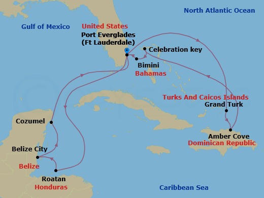 Route map: Ft. Lauderdale, Florida → Roatan (Isla Tropicale), Honduras → Belize City, Belize → Cozumel, Mexico → Ft. Lauderdale, Florida → Grand Turk, Turks & Caicos → Amber Cove, Dominican Republic → Celebration Key, Bahamas → BIMINI, BAHAMAS → Ft. Lauderdale, Florida