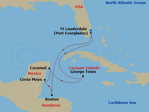 Route map: Ft Lauderdale (Port Everglades) → Roatan → Costa Maya → Cozumel → George Town → Ft Lauderdale (Port Everglades)