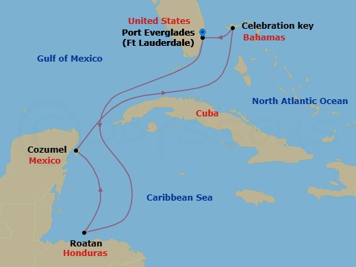 Route map: Ft. Lauderdale, Florida → Roatan (Isla Tropicale), Honduras → Cozumel, Mexico → Celebration Key, Bahamas → Ft. Lauderdale, Florida