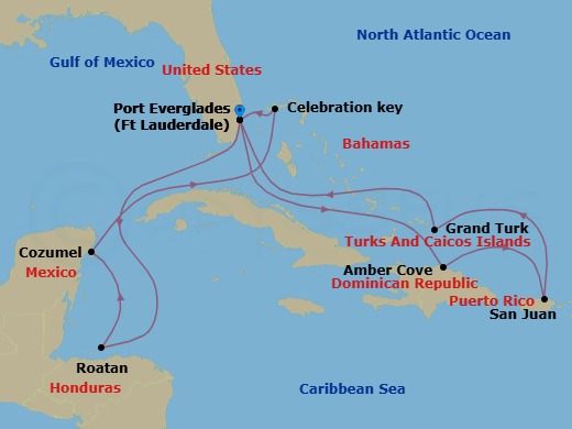 Route map: Ft. Lauderdale, Florida → Roatan (Isla Tropicale), Honduras → Cozumel, Mexico → Celebration Key, Bahamas → Ft. Lauderdale, Florida → Amber Cove, Dominican Republic → San Juan, Puerto Rico → Grand Turk, Turks & Caicos → Ft. Lauderdale, Florida