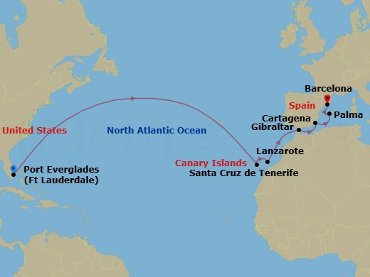 Route map: Ft. Lauderdale, Florida → Santa Cruz De Tenerife, Spain → Lanzarote (Arrecife), Canary Islands → Gibraltar → Cartagena, Spain → Mallorca (Palma), Spain → Barcelona, Spain