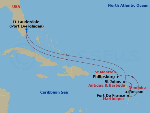 Route map: Fort Lauderdale, Florida → St. Johns, Antigua → Roseau, Dominica → Fort-De-France, Martinique → Philipsburg, St. Maarten → Fort Lauderdale, Florida