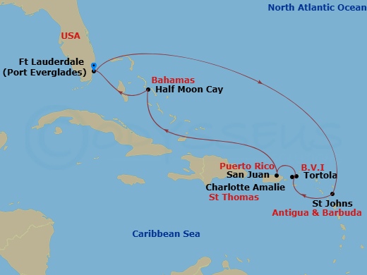 Route map: Fort Lauderdale, Florida, US → St. Johns, Antigua and Barbuda → St. Thomas, U.S.V.I. → Road Town (Tortola), British Virgin Islands → San Juan, Puerto Rico → RelaxAway Half Moon Cay, Bahamas → Fort Lauderdale, Florida, US