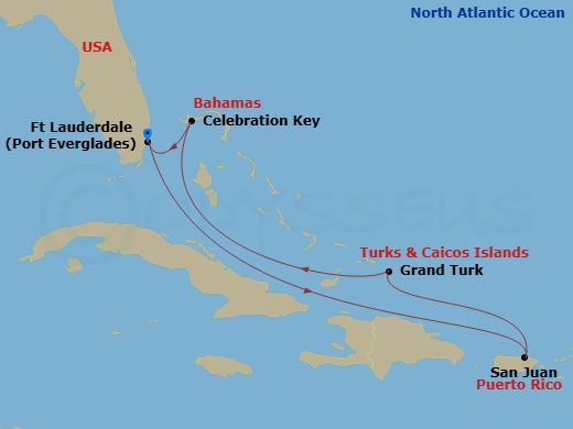 Route map: Ft. Lauderdale, Florida → San Juan, Puerto Rico → Grand Turk, Turks & Caicos → Celebration Key, Bahamas → Ft. Lauderdale, Florida