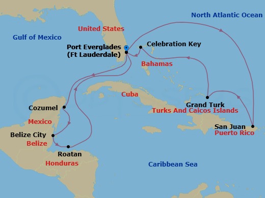 Route map: Ft. Lauderdale, Florida → San Juan, Puerto Rico → Grand Turk, Turks & Caicos → Celebration Key, Bahamas → Ft. Lauderdale, Florida → Cozumel, Mexico → Belize City, Belize → Roatan (Isla Tropicale), Honduras → Ft. Lauderdale, Florida
