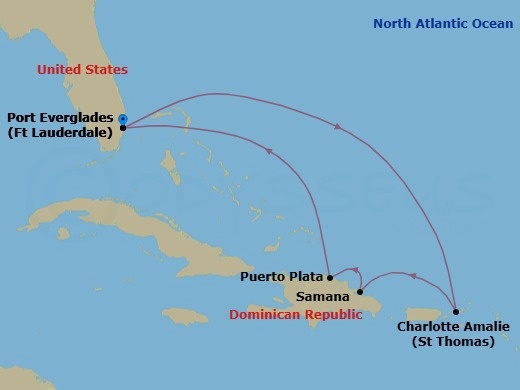Route map: Fort Lauderdale, Florida → Charlotte Amalie, St. Thomas → Samana, Dominican Republic → Puerto Plata, Dominican Rep → Fort Lauderdale, Florida