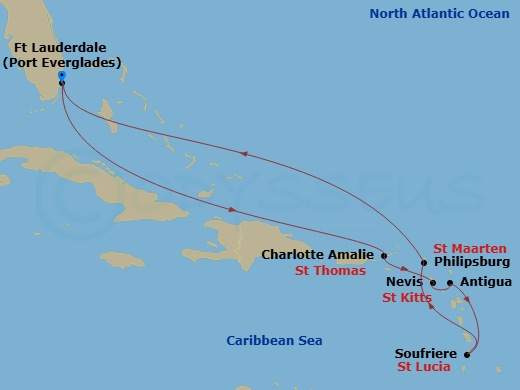 Route map: Ft. Lauderdale, Florida → St. Thomas, Virgin Islands → St. Kitts → Antigua → St. Lucia → St. Maarten → Ft. Lauderdale, Florida